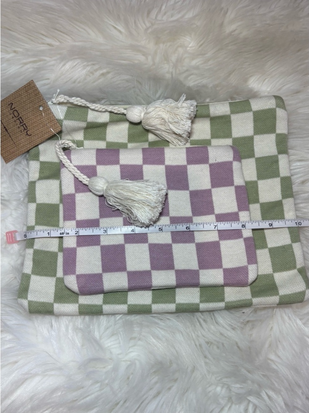Checkered Cosmetic Pouch Set in Sage Green & Lavender Indian Artisans Unique - Picture 10 of 15